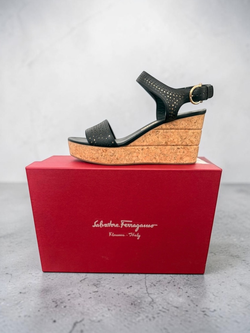 Salvatore Ferragamo Galak black wedge sandals Size 9